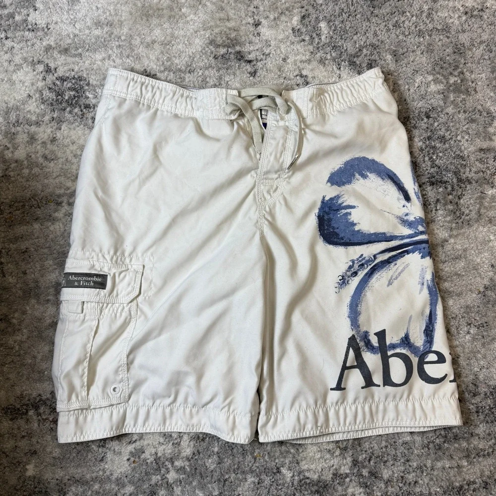Abercrombie & Fitch Mens XL Board Shorts White Blue‎ Hibiscus Floral Cargo Swim